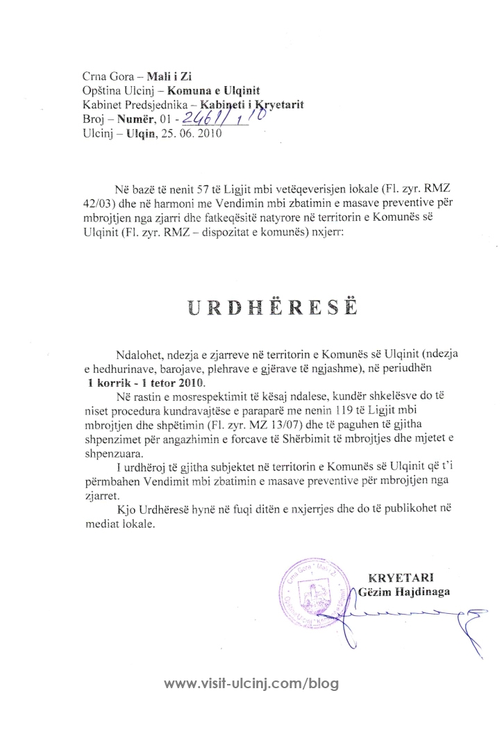 Urdhëresë nga Komuna e Ulqinit – Naredba Opštine Ulcinj