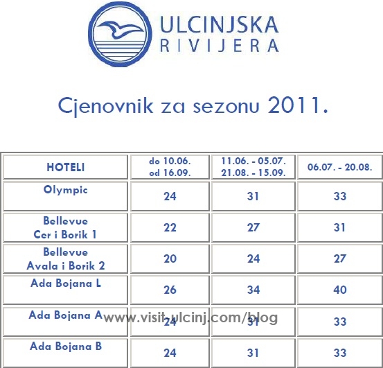 Cjenovnik za sezonu 2011.HTP_Ulcinjska Rivijera