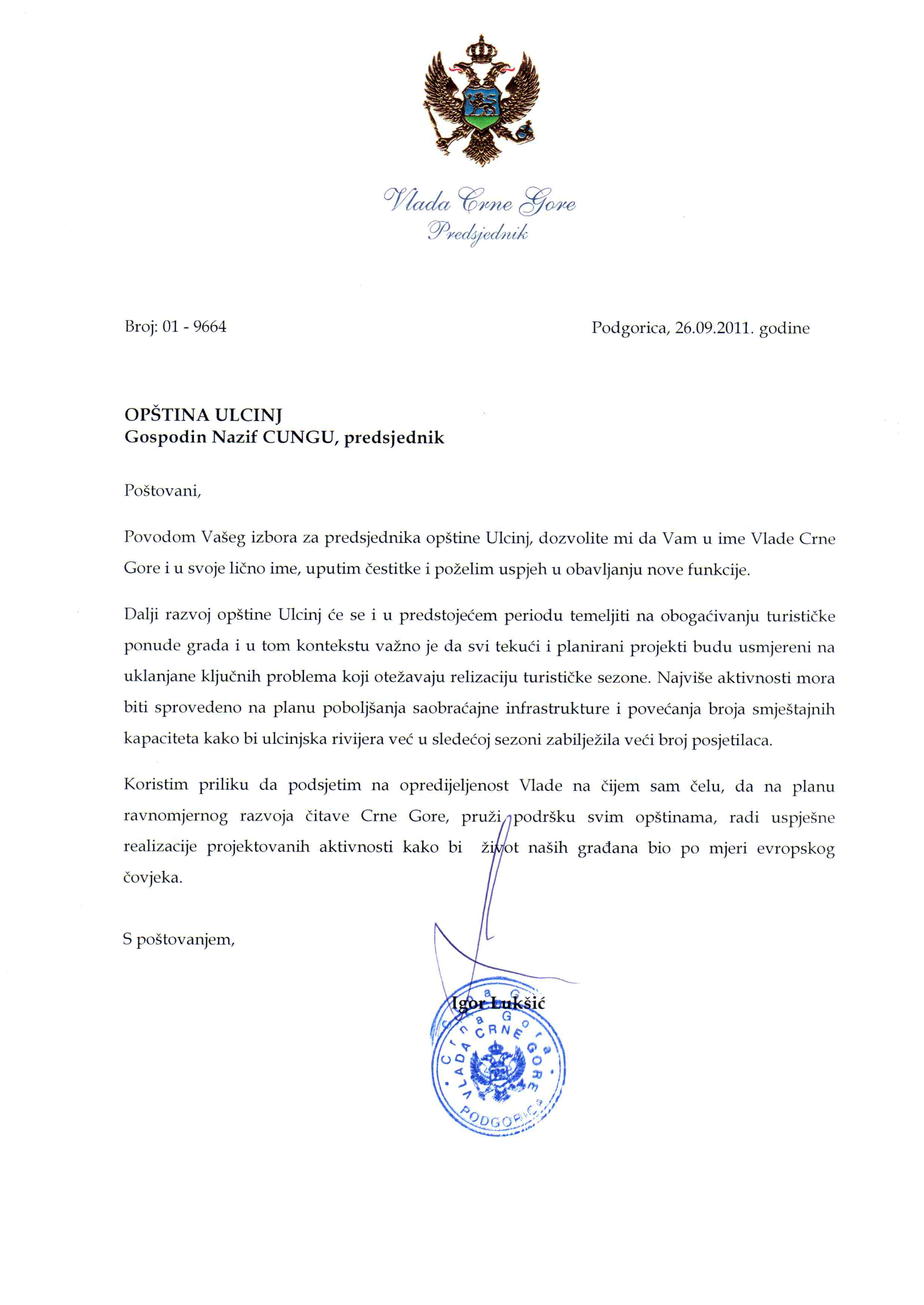 Telegram cestitke Premija Lukšića,Predsjedniku Opštine Ulcinj Nazif Cungua