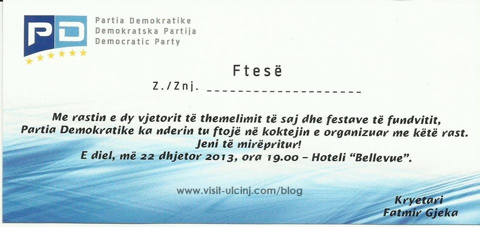Ftesë për pjesëmarrje në koktej nga Partia Demokratike më 22.12.2013