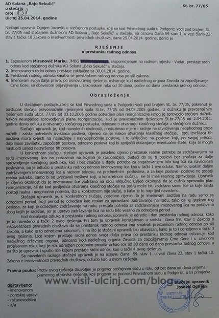 Kolektivni otkaz preostalih 48 radnika ulcinjske Solane