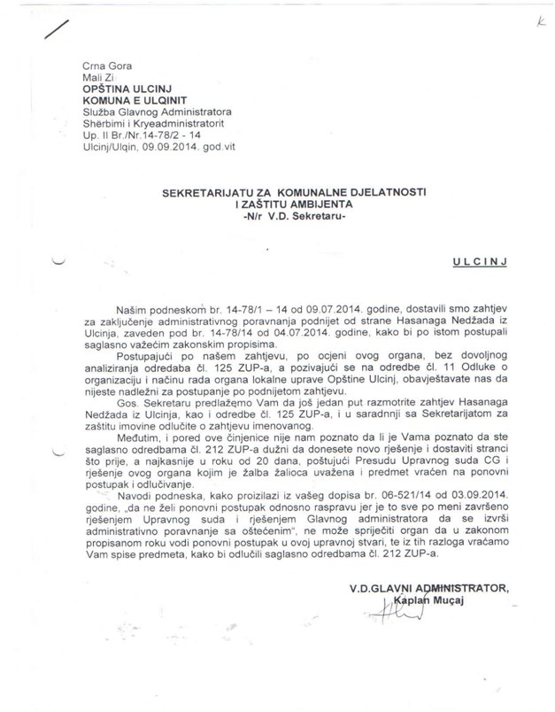 shkresa e kryeadministratorit Kapllan Mucaj