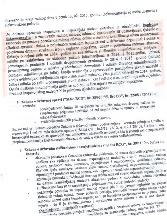 Pjesë nga akti zyrtar i inspektorëve administrativë ne Ulqin