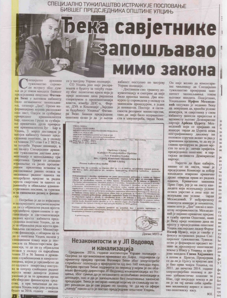 “Dan”: Punësimet në komunen e Ulqinit, Prokuroria nis hetimet ndaj Gjekës