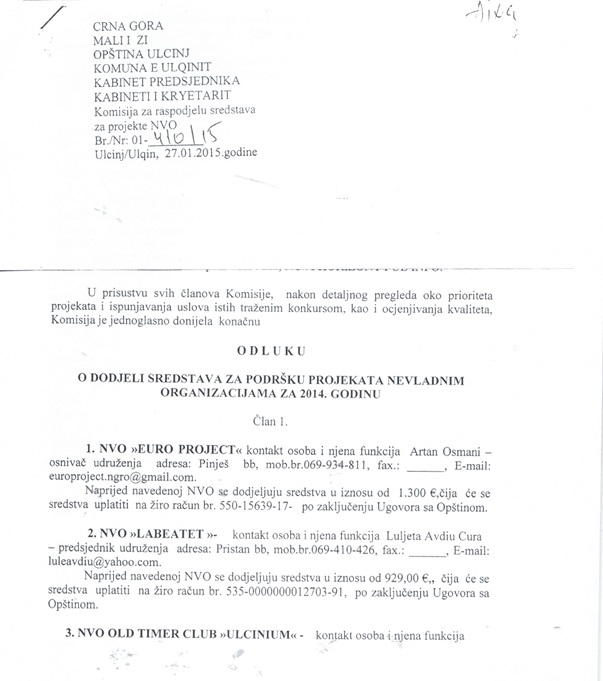 Projektet e Sektorit joqeveritar në Ulqin -Komisioni-pagesat