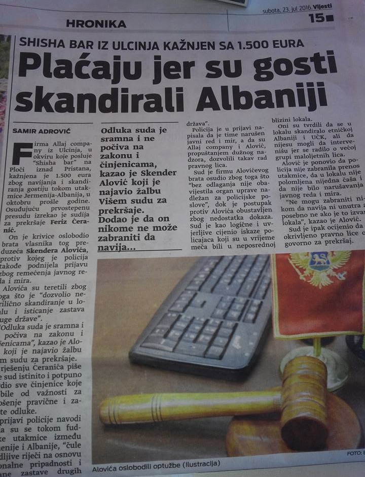 Allaj company iz Ulcinja, kažnjen sa 1.500 eura jer su gosti skandirali Albaniji