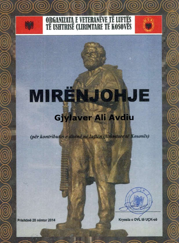 Organizata e Veteranëve të Luftës së UÇK-së nderon me mirënjohje Gjylaver Avdiun