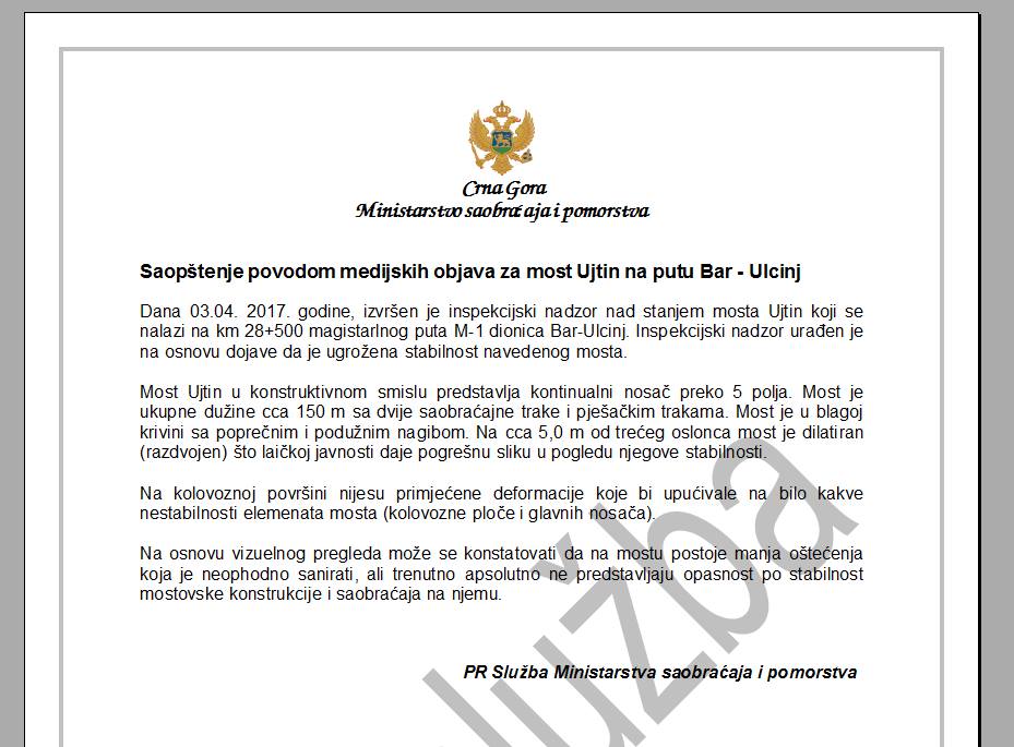 Ministarstvo saobracaja i pomorstva za Most Ujtin