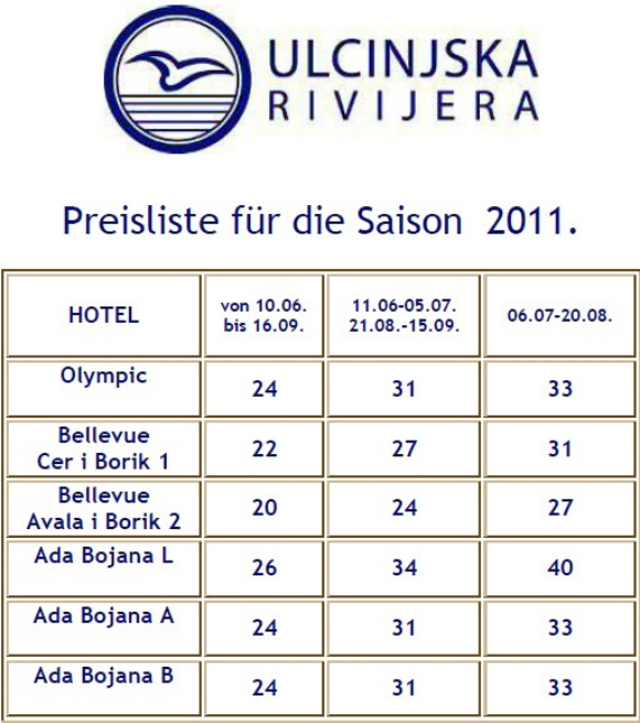 Preisliste für die Saison 2011_Ada Bojana_Montenegro
